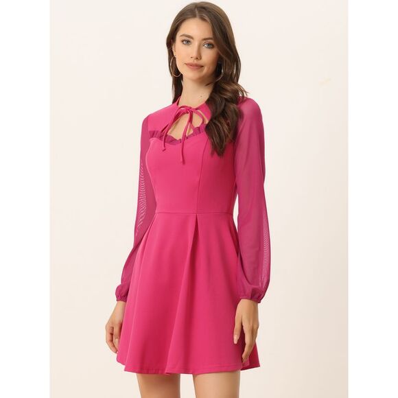Tie Neck A-Line Mesh Sleeve Mini Dress Hot Pink - Picture 2 of 6